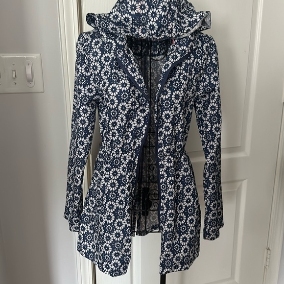 Blue and white hooded parka rain jacket - Picture 1 of 4